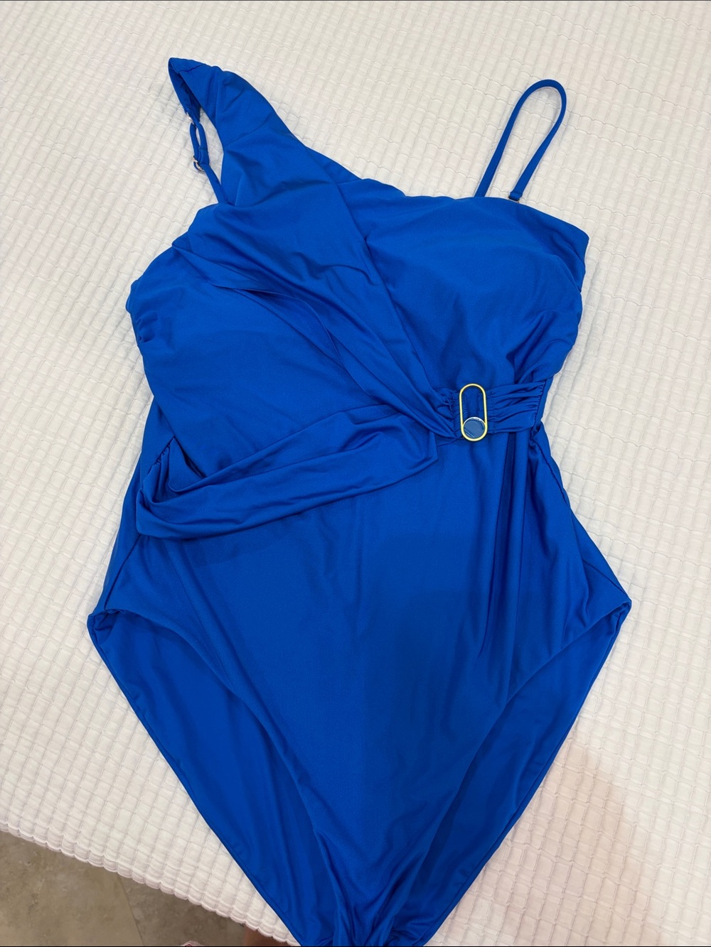 Trina Turk Cobalt Blue One-Shoulder One-Piece gold detail.
